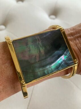 Henri Bendel Gold Cuff Bracelet with Iridescent Dark Mother-of-Pearl Panel
